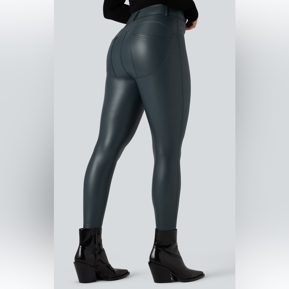 High Waisted Stretchy PU Fleece Casual 7/8 Leggings with Pockets